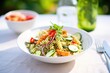rotini pasta salad with cucumbers and red pepper strips