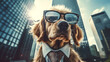 Cute dog wearing a suit and glasses with city