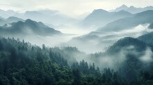 Mountainous Terrain, Serene Forested Slopes Leading To Grand Peaks Shrouded In Mist - Generative AI