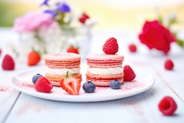 Poster - raspberry macarons with fresh berries and cream filling