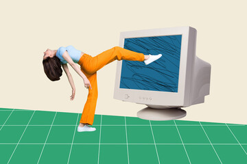 Wall Mural - Creative collage picture illustration pose model cheerful charm beautiful young woman large retro computer doodle sketch exclusive template