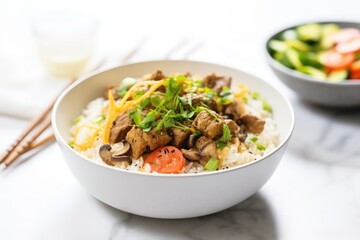 Poster - beef shawarma bowl with rice, toppings, and a fork nearby