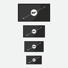 Smart TV Icon Set. Diagonal Screen Size In 32, 43, 55 And 65 Inches. LCD Television Display. Computer Monitor. Vector Illustration, Flat Design