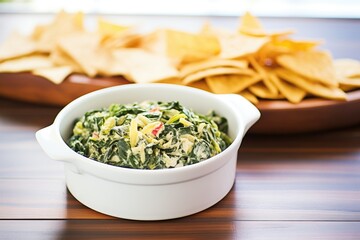 Poster - fresh spinach artichoke dip in a white bowl with tortilla chips