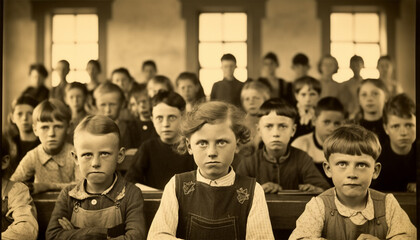 Vintage old portrait of school children. Antique photo. Retro picture of classmates. Group of children in the classroom. Vintage photo from 1920 with original film grain, blur and scratches.