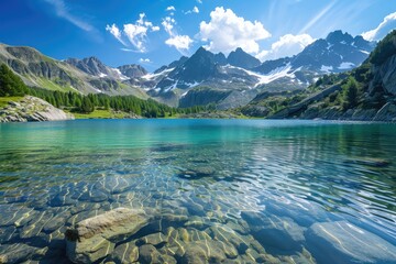 Wall Mural - majestic mountainscape with a clear blue lake and clear skies