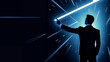 a man in a suit holding a light saber in his hand and pointing to it with his right hand,  generative ai
