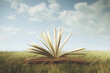 surreal open book ready to be read in a wild meadow