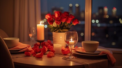 
Romantic dinner setup with candles and flowers, celebrating valentines or a couple's anniversary.