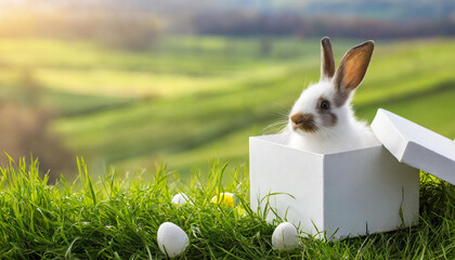 Wall Mural - Easter bunny in a open white box on a spring meadow, countryside blurred background