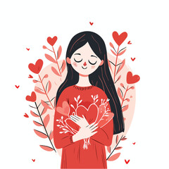 Wall Mural - happy girl with heart in hands. valentine day vector illustration isolated on white background. flat design.