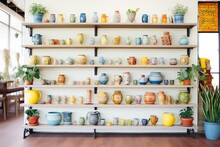 Shelves Lined With Colorful Vases And Plant Pots