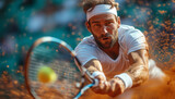 Large tennis. Portrait ot Male player with tenis racket in action running to the ball.