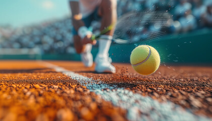 Large tennis. CLose up legs of player with tenis racket in action running to the ball on the bluer sky background. Bottom view