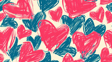Scribbled Doodle Love Hearts In Red And Blue As Seamless Wallpaper Background Pattern