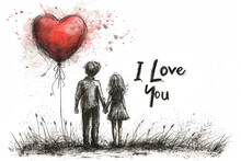 Scribble Sketch Of Couple In Love Holding Hands And Red Heart Balloon With I Love You Text For Valentines Day