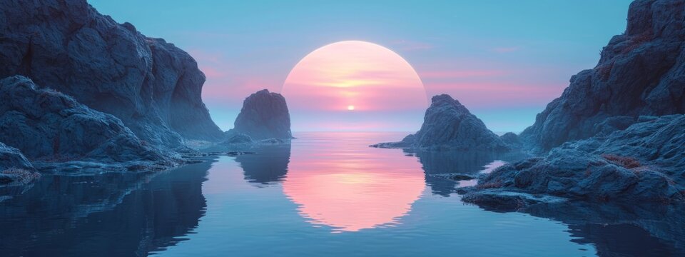 3d render,abstract zen seascape background.new world,calm water and pastel gradient sky.futuristic m