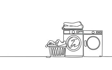 continuous one line art Washing machine and basket with dirty clothes