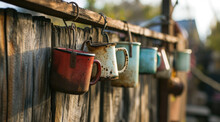 Row Of Weathered Enamel Mugs On A Sunny Garden Fence.