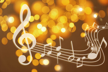 Wall Mural - Music notes on golden background, bokeh effect