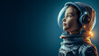 Young girl in a spacesuit wearing helmet like the cosmonaut isolated on blue background, conceptual of imagination and dream career, generative AI