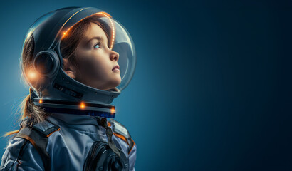 young girl in a space suit wearing helmet like the cosmonaut isolated on blue background, conceptual