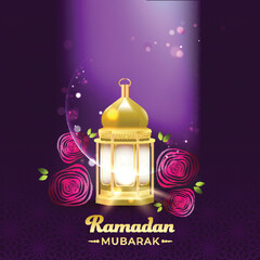 Sticker - Islamic Holy Month of Ramadan Kareem Card Design with Golden Arabic Lantern, Crescent Moon and Rose Flower on Light Effect Shiny Purple Floral Pattern Background.