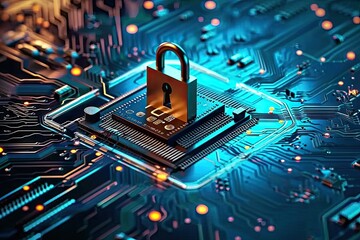 Wall Mural - Digital fortress. Evocative image cybersecurity with array of symbolic elements padlocks keys and monitor displaying encryption codes for importance of online protection in technology and security
