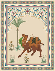 Wall Mural - Mughal desert Camel in Arabic vector frame pattern