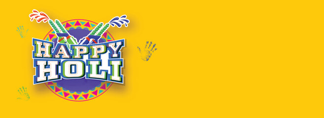 Poster - Sticker Style Happy Holi Text with Splashing Color Guns (Pichkari) and Handprints on Chrome Yellow Background. Advertising Banner or Header Design.