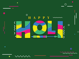 Wall Mural - Abstract Colorful Font Happy Holi with Water Gun on Green Background. Can Be Used Design as a Card Poster Design.