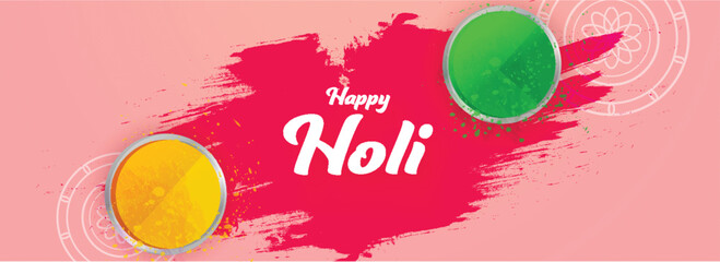 Sticker - Happy Holi Header or Banner Design with Top View Two Bowls Full of Color Powder (Gulal) on Pink Splash Floral Background.