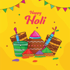 Wall Mural - Happy Holi Celebration Concept Design with Indian Music Drum (Dhol), Color Powder Mud Pots, Pichkari (Water Gun), Bucket and Bunting Flags Decor on Yellow Background.