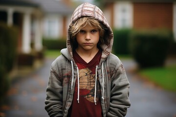 Portrait of a young boy in a hooded sweatshirt.