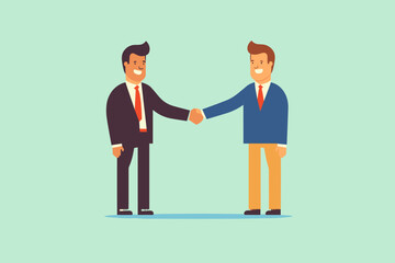 Wall Mural - Meeting of businessmen and women. Vector cartoon illustration in a modern flat style of two busness men, women in suits shaking hands.