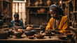 African Craftswoman creating handicraft crockery in workshop. Craftsmanship and entrepreneurship concept	