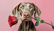 Weimaraner, hund, rose, im, mund, rosa, hinetrgrund, valentinstag, konzept, tier, minimal, schön