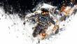 An astronaut in a spacesuit is surrounded by a cloud of dust and debris