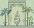 Traditional mughal arch, moroccan border, plants, tree, peacock colorful decorative frame