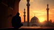 mosque at sunset person on pray Islamic background