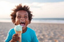 Cute african american boy holding an ice cream on the beach in summer. Kid with gelato concept with copy space