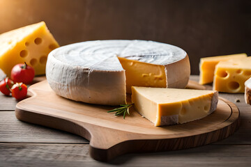 Pieces of delicious cheese and knife on wooden table. Space for text