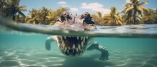 A Crocodile Swimming Underwater In A Clear Blue Ocean, Ai Generated