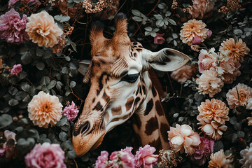 Wall Mural - Giraffe portrait with fresh flowers and leaves. Creative animal portrait. Generative Ai