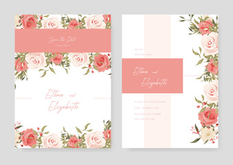 Wall Mural - Pink rose wedding invitation card template with flower and floral watercolor texture vector
