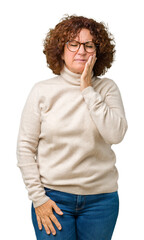 Sticker - Beautiful middle ager senior woman wearing turtleneck sweater and glasses over isolated background touching mouth with hand with painful expression because of toothache or dental illness on teeth.