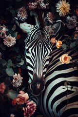 Wall Mural - Zebra portrait with fresh flowers and leaves. Creative animal portrait. Generative Ai