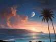 Beautiful sunset over the sea with palm trees and a full moon.