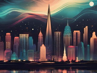 Night city background with skyscrapers and river.