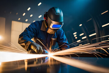 welder doing metal work at night, front and background